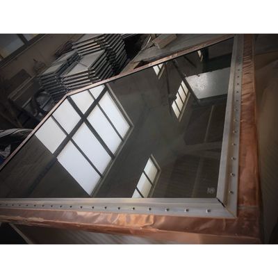 Wooden-frame RF shielded windows block EMI, engineered for cleanroom electromagnetic shielding.