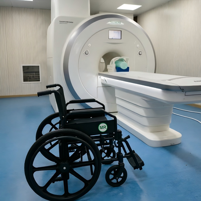 Foldable yes Mri compitable chair offering 460mm seat size designed to meet the needs of hospitals and diagnostic centers